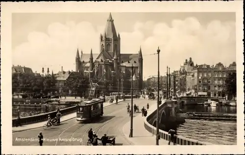 Ak Amsterdam Nordholland Niederlande, Nieuwe Amstelbrug, Tram