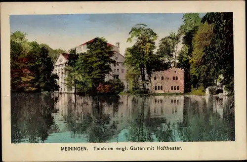 Ak Meiningen in Thüringen, Teich im engl. Garten mit Hoftheater