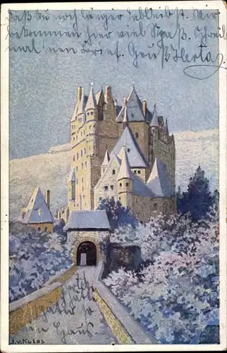 Künstler Ak Kulas J.v. , Wierschem an der Mosel, Verschneite Burg Elz