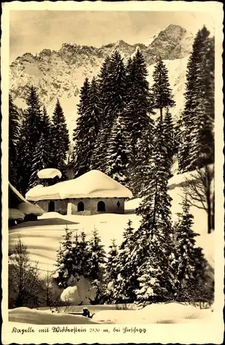 Ak Hirschegg Mittelberg im Kleinwalsertal Vorarlberg, Kapelle mit Widderstein im Schnee