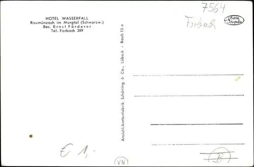 Ak Raumünzach Forbach im Schwarzwald, Hotel Wasserfall, Panorama