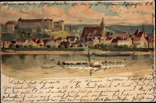 Künstler Ak Pirna an der Elbe, Blick auf den Ort, Schloss Sonnenstein, Elbdampfer