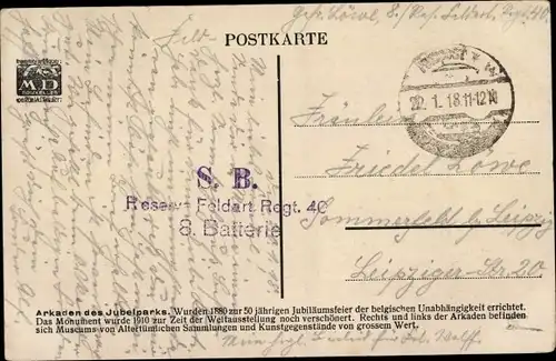 Dt. Feldpost, Truppenstempel, Reserve Feldart. Regt. 40, 8. Batterie, I WK