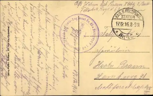 Dt. Feldpost, Truppenstempel, Feldpoststation Nr. 45, Art. Rgt. 63, 1. Abtlg., I WK