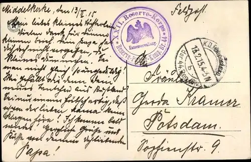 Dt. Feldpost, Truppenstempel, Feldpostexped. 44. Res. Div., XXII Reserve Korps,Res. Pionier Komp. 44