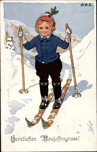 Künstler Ak Engelhard, P.O.E., Glückwunsch Neujahr, Mädchen auf Skiern