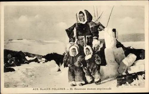 Ak Aux Glaces Polaires, Heurese maman esquimaude, Eskimos, Mutter mit Kindern