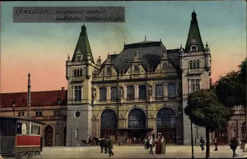 Ak Temesvár Timișoara Temeswar Rumänien, Josefstädter Stationsgebäude, Straßenbahn