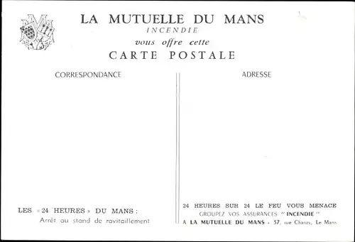 Künstler Ak 24 Heures du Mans, Arret au stand de ravitaillement, Assurances Incendie, La Mutuelle