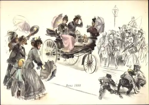 Künstler Ak Karl Benz und Frau in einem Automobil, Mercedes Benz 1888