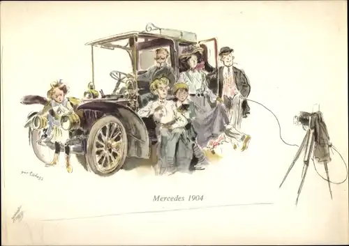 Künstler Ak Mercedes 1904, Automobil, Fotoapparat, Familie