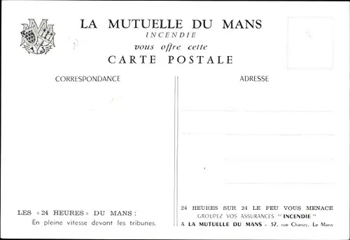 Künstler Ak 24 Heures du Mans, En pleine vitesse, tribunes, Assurances Incendie, La Mutuelle