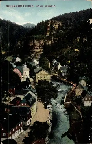 Ak Hřensko Herrnskretschen Elbe Region Aussig, Vogelschau vom Ort, Felsen