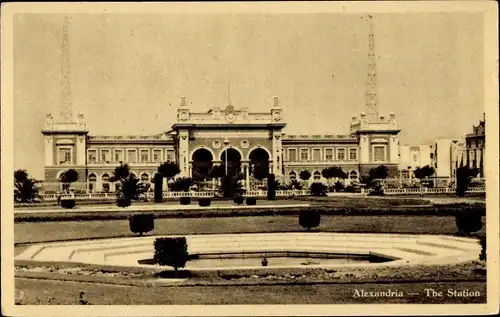 Ak Alexandria Ägypten, The Station, Rundfunkstation mit Sendemast, Funkhaus