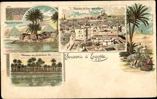 Litho Cairo Kairo Ägypten, Village arabe et Pyramides, Panorama, Citadelle