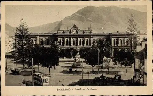 Ak Palermo Sizilien Sicilia Italien, Stazione Centrale, Palmen, Denkmal