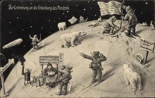 Künstler Ak Zur Erinnerung an die Entdeckung des Nordpols, Eisbären, Zeppelin