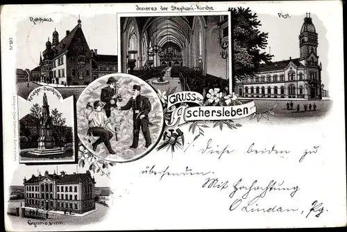 Litho Aschersleben Salzlandkreis, Rathaus, Post, Stephanikirche Inneres, Kriegerdenkmal, Gymnasium