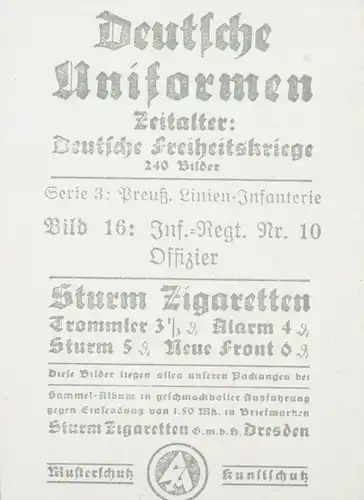 Sammelbild Deutsche Uniformen, Deutsche Freiheitskriege Serie 3 Bild 16, Inf. Regt. Nr. 10, Offizier