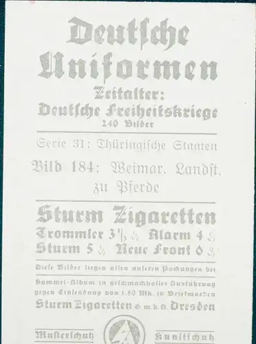 Sammelbild Deutsche Uniformen, Deutsche Freiheitskriege Serie 31 Bild 184, Weimar,Landsturm zu Pferd