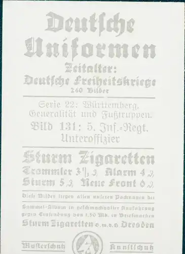 Sammelbild Deutsche Uniformen, Deutsche Freiheitskriege, Serie 22 Bild 131 5. Inf. Rgt.