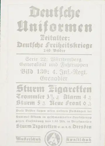 Sammelbild Deutsche Uniformen, Deutsche Freiheitskriege, Serie 22 Bild 130 4. Inf. Rgt. Grenadier