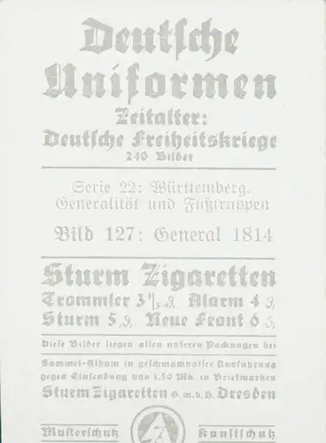 Sammelbild Deutsche Uniformen, Deutsche Freiheitskriege, Serie 22 Bild 127 General 1814