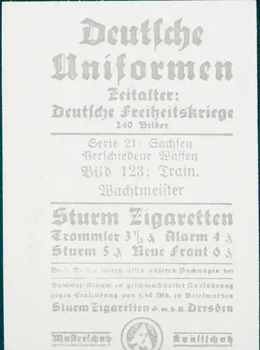 Sammelbild Deutsche Uniformen, Deutsche Freiheitskriege, Serie 21 Bild 123 Train, Wachtmeister