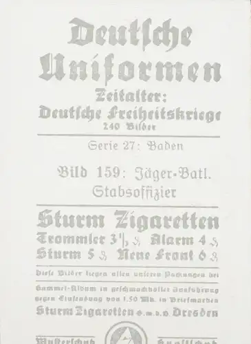 Sammelbild Deutsche Uniformen, Deutsche Freiheitskriege, Serie 27 Bild 159 Jäger Batl. Stabsoffiz.