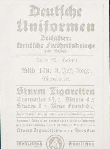 Sammelbild Deutsche Uniformen, Deutsche Freiheitskriege, Serie 27 Bild 158 3. Inf. Rgt., Musketier