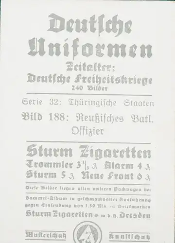 Sammelbild Deutsche Uniformen, Deutsche Freiheitskriege, Serie 32 Bild 188 Reuß. Batl.