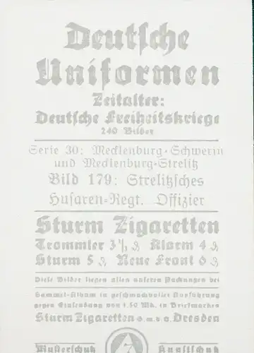 Sammelbild Deutsche Uniformen, Deutsche Freiheitskriege, Serie 30 Bild 179 Strelitzsches Husaren Rgt