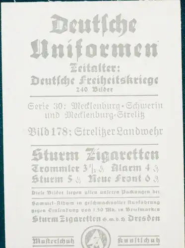 Sammelbild Deutsche Uniformen, Deutsche Freiheitskriege, Serie 30 Bild 178 Strelitzer Landwehr