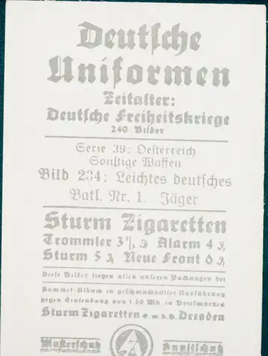 Sammelbild Deutsche Uniformen, Deutsche Freiheitskriege, Serie 39 Bild 234 Leichtes Dt. Batl. Nr. 1