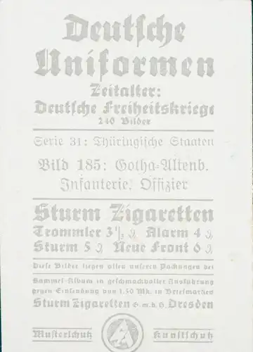 Sammelbild Deutsche Uniformen, Deutsche Freiheitskriege, Serie 31 Bild 185 Gotha Altenb. Inf.