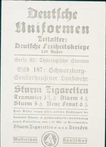 Sammelbild Deutsche Uniformen, Deutsche Freiheitskriege, Serie 32 Bild 187 Schwarzb. Sonderhaus.