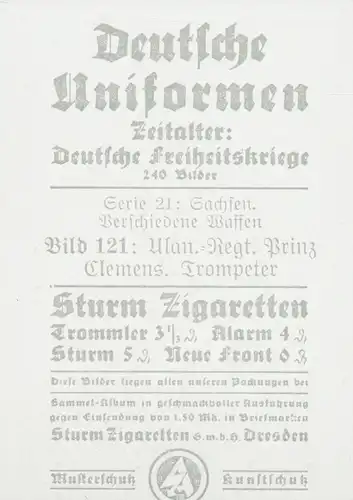 Sammelbild Deutsche Uniformen, Deutsche Freiheitskriege, Serie 21 Bild 121 Ulan Rgt. Prinz Clemens