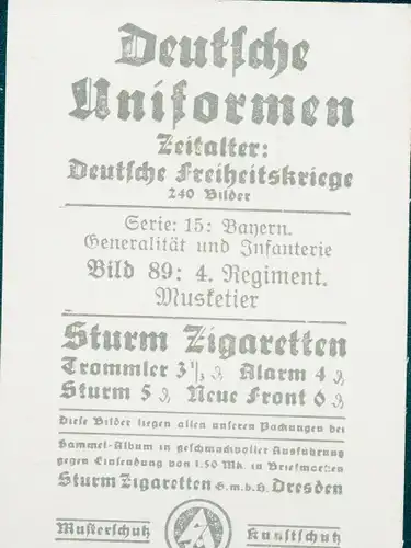 Sammelbild Deutsche Uniformen, Deutsche Freiheitskriege, Serie 15 Bild 89 4. Regt. Musketier