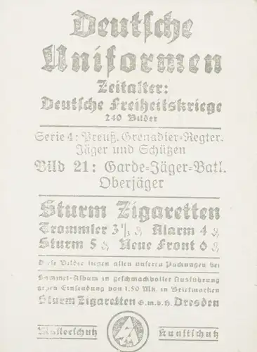 Sammelbild Deutsche Uniformen, Deutsche Freiheitskriege, Serie 4 Bild 21 Garde Jäger Batl.