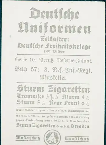 Sammelbild Deutsche Uniformen, Deutsche Freiheitskriege, Serie 10 Bild 57 3. Res. Inf. Rgt.