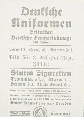 Sammelbild Deutsche Uniformen, Deutsche Freiheitskriege, Serie 10 Bild 56 2. Res. Inf. Rgt.