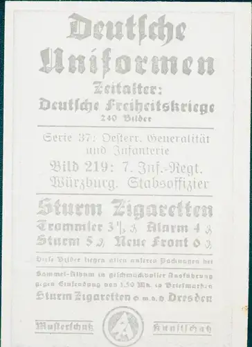 Sammelbild Deutsche Uniformen, Deutsche Freiheitskriege, Serie 37 Bild 219 7. Inf. Rgt. Würzburg