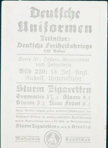 Sammelbild Deutsche Uniformen, Deutsche Freiheitskriege, Serie 37 Bild 220 14. Inf. Rgt. Rudolf