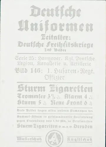 Sammelbild Deutsche Uniformen, Deutsche Freiheitskriege, Serie 25 Bild 146 1. Husaren Rgt.