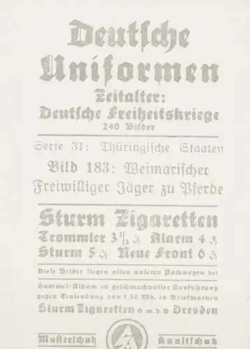 Sammelbild Deutsche Uniformen, Deutsche Freiheitskriege, Serie 31 Bild 183 Weimar. Freiw. Jäger