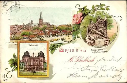 Litho Mönchengladbach am Niederrhein, Kaiserbad, Kriegerdenkmal auf dem kathol. Friedhof