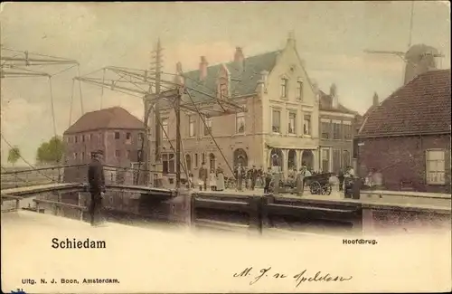 Ak Schiedam Südholland Niederlande, Hoofdbrug, Klappbrücke, Windmühle