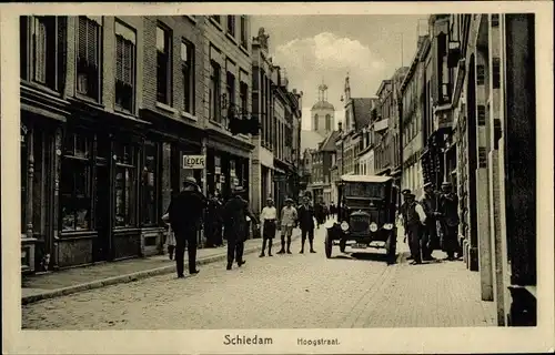 Ak Schiedam Südholland Niederlande, Hoogstraat, Auto, Lederhandlung