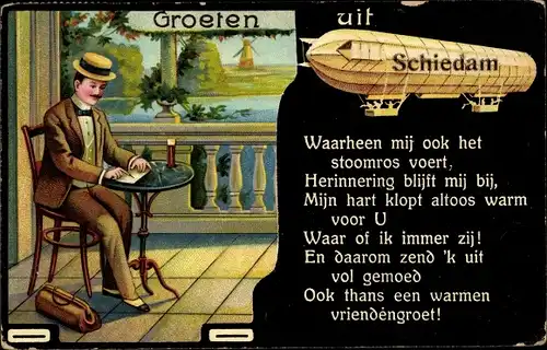 Litho Schiedam Südholland, Zeppelin, Mann schreibt einen Brief
