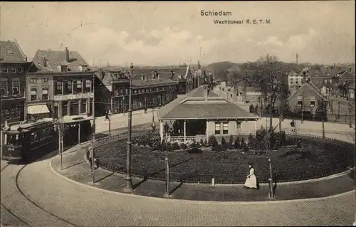 Ak Schiedam Südholland Niederlande, Wachtlokaal RETM, Straßenbahn